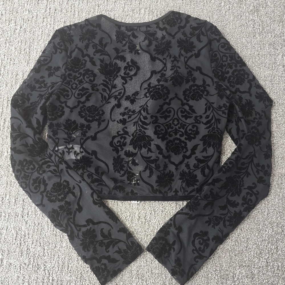 Shein Flocked Mesh Crop Top Womens L‎ Black Gothic Hook Eye Long Sleeve Goth
